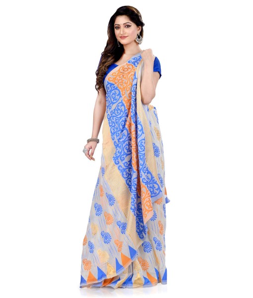 Women`s Handloom Soft Resham Dhakai jamdani Bengal Cotton Silk Tant Saree Whole Body Kolka Design with Blouse Pcs (Blue Orange)