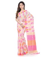 Women`s Handloom Soft Resham Dhakai jamdani Bengal Cotton Silk Tant Saree Whole Body Kolka Design with Blouse Pcs (Pink Orange)