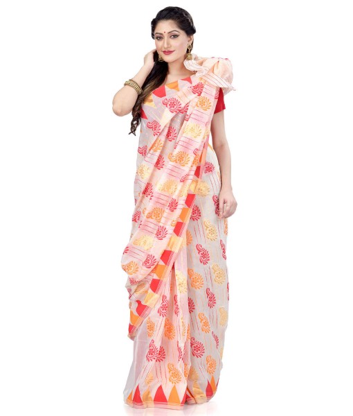 Women`s Handloom Soft Resham Dhakai jamdani Bengal Cotton Silk Tant Saree Whole Body Kolka Design with Blouse Pcs (Red Orange)