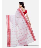 Red and White Pure Handloom Cotton Traditional Bengal Tant Saree with Handmade Whole Body Kalkatara Design Without Blouse Piece