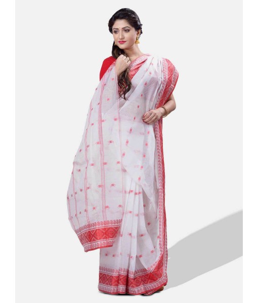 Red and White Pure Handloom Cotton Traditional Bengal Tant Saree with Handmade Whole Body Kalkatara Design Without Blouse Piece