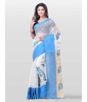 Women's Traditional Bengali Khadi Cotton Handloom Sakuntala Tant Saree of Bengal with Blouse Piece (Blue White)