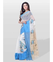 Women's Traditional Bengali Khadi Cotton Handloom Sakuntala Tant Saree of Bengal with Blouse Piece (Blue White)