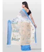 Women's Traditional Bengali Khadi Cotton Handloom Sakuntala Tant Saree of Bengal with Blouse Piece (Blue White)