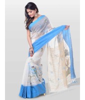 Women's Traditional Bengali Khadi Cotton Handloom Sakuntala Tant Saree of Bengal with Blouse Piece (Blue White)