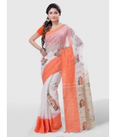 Women's Traditional Bengali Cotton Handloom Sakuntala Tant Saree of Bengal with Blouse Piece (Orange White)