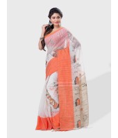 Women's Traditional Bengali Cotton Handloom Sakuntala Tant Saree of Bengal with Blouse Piece (Orange White)