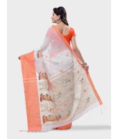 Women's Traditional Bengali Cotton Handloom Sakuntala Tant Saree of Bengal with Blouse Piece (Orange White)