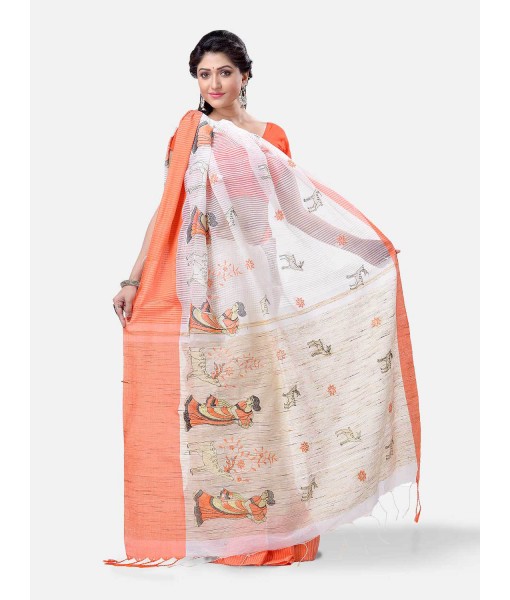 Women's Traditional Bengali Cotton Handloom Sakuntala Tant Saree of Bengal with Blouse Piece (Orange White)