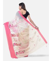 Women's Traditional Bengali Cotton Handloom Sakuntala Tant Saree of Bengal with Blouse Piece (Pink White)