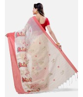 Traditional Bengali Cotton Handloom Sakuntala Tant Saree of Bengal with Blouse Piece (Red White)