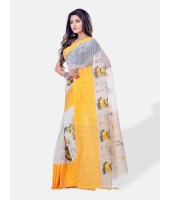 Women's Traditional Bengali Cotton Handloom Sakuntala Tant Saree of Bengal with Blouse Piece (Yellow White)