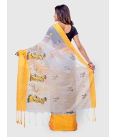 Women's Traditional Bengali Cotton Handloom Sakuntala Tant Saree of Bengal with Blouse Piece (Yellow White)