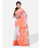 Pure Cotton Handloom Traditional Khadi Bengali Tant Saree Very Soft Cotton Materials Star Design With Blouse Piece (Orange White)