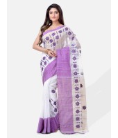  Pure Cotton Handloom Traditional Khadi Bengali Tant Saree Very Soft Cotton Materials Star Design With Blouse Piece (Purple White)