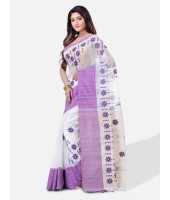  Pure Cotton Handloom Traditional Khadi Bengali Tant Saree Very Soft Cotton Materials Star Design With Blouse Piece (Purple White)