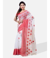 Traditional Bengali Cotton Handloom Khadi Star Tant Saree Of Bengal With Blouse Piece (Red White)   