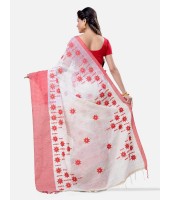 Traditional Bengali Cotton Handloom Khadi Star Tant Saree Of Bengal With Blouse Piece (Red White)   