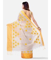  Pure Cotton Handloom Traditional Khadi Bengali Tant Saree Very Soft Cotton Materials Star Design With Blouse Piece (Yellow White)