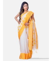  Pure Cotton Handloom Traditional Khadi Bengali Tant Saree Very Soft Cotton Materials Star Design With Blouse Piece (Yellow White)