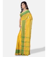 Pure Malmal Cotton and Bengal Soft Khadi Muslin Type Handloom Cotton Saree Zari Exclusive Design With Blouse Piece (Yellow Green Red)