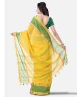 Pure Malmal Cotton and Bengal Soft Khadi Muslin Type Handloom Cotton Saree Zari Exclusive Design With Blouse Piece (Yellow Green Red)