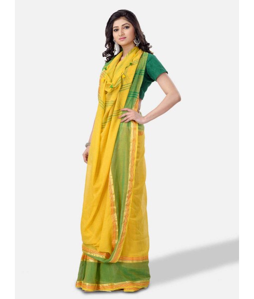 Pure Malmal Cotton and Bengal Soft Khadi Muslin Type Handloom Cotton Saree Zari Exclusive Design With Blouse Piece (Yellow Green Red)