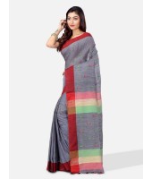 Pure Cotton Traditional Bengali Handloom Tant Saree Very Soft Cotton Materials Clical Desigined With Blouse Pcs (Grey Red Green)