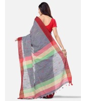 Pure Cotton Traditional Bengali Handloom Tant Saree Very Soft Cotton Materials Clical Desigined With Blouse Pcs (Grey Red Green)