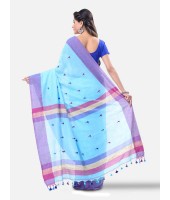 Pure Cotton 100% Traditional Bengali Handloom Tant Saree Very Soft Cotton Materials"Clical Desigined" With Blouse Piece(Sky Blue Pink)