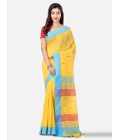 Women Traditional Handloom Woven Design Bengal Khadi Cotton Tant Saree With Blouse Piece Yellow with blue border