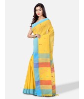 Women Traditional Handloom Woven Design Bengal Khadi Cotton Tant Saree With Blouse Piece Yellow with blue border