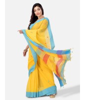 Women Traditional Handloom Woven Design Bengal Khadi Cotton Tant Saree With Blouse Piece Yellow with blue border