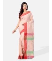 Pure Cotton Traditional Bengali Handloom Tant Saree Very Soft Cotton Materials Clical Desigined With Blouse Pcs (Off-Red Red Green)