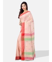 Pure Cotton Traditional Bengali Handloom Tant Saree Very Soft Cotton Materials Clical Desigined With Blouse Pcs (Off-Red Red Green)