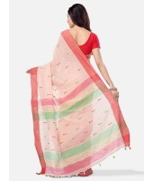 Pure Cotton Traditional Bengali Handloom Tant Saree Very Soft Cotton Materials Clical Desigined With Blouse Pcs (Off-Red Red Green)