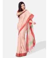 Pure Cotton Traditional Bengali Handloom Tant Saree Very Soft Cotton Materials Clical Desigined With Blouse Pcs (Off-Red Red Green)