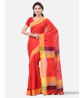 Pure Cotton 100% Traditional Bengali Handloom Tant Saree Very Soft Cotton Materials"Clical Desigined" With Blouse Piece (Red Yellow Black)   