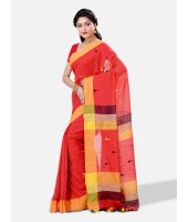 Pure Cotton 100% Traditional Bengali Handloom Tant Saree Very Soft Cotton Materials"Clical Desigined" With Blouse Piece (Red Yellow Black)   