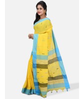 Pure Cotton 100% Traditional Yellow Bengali Handloom Tant Saree Very Soft Cotton Materials"Clical Desigined" With Blouse Picas