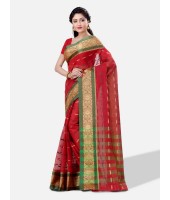 Women`s Handloom Cotton Traditional Bengal Tant Saree With Nakshi Kata Design Saree Without Blouse Piece (Red Green)   