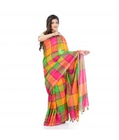 DESH BIDESH Women`s Traditional Bengali Tant Handloom Pure Cotton Saree Checked Desigined With Blouse Piece (Green Multicolor)