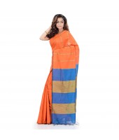 DESH BIDESH Women`s Bengal Handloom Cotton Silk Saree With Blouse Piece (Orange Blue)