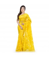 Desh Bidesh Women`s Traditional Bengal Handloom Tant Dhakai Jamdani Cotton Saree Whole Body Design(Yellow)