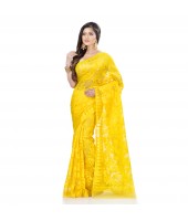 Desh Bidesh Women`s Traditional Bengal Handloom Tant Dhakai Jamdani Cotton Saree Whole Body Design(Yellow)