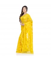 Desh Bidesh Women`s Traditional Bengal Handloom Tant Dhakai Jamdani Cotton Saree Whole Body Design(Yellow)