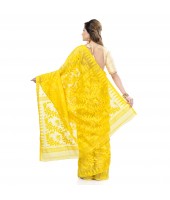 Desh Bidesh Women`s Traditional Bengal Handloom Tant Dhakai Jamdani Cotton Saree Whole Body Design(Yellow)