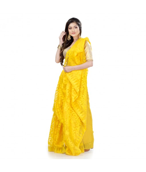 Desh Bidesh Women`s Traditional Bengal Handloom Tant Dhakai Jamdani Cotton Saree Whole Body Design(Yellow)