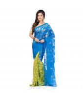 Desh Bidesh Women`s Traditional Bengal Handloom Tant Dhakai Jamdani Cotton Saree Whole Body Design(Blue Yellow)