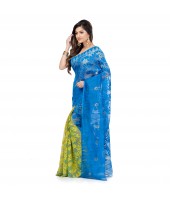 Desh Bidesh Women`s Traditional Bengal Handloom Tant Dhakai Jamdani Cotton Saree Whole Body Design(Blue Yellow)